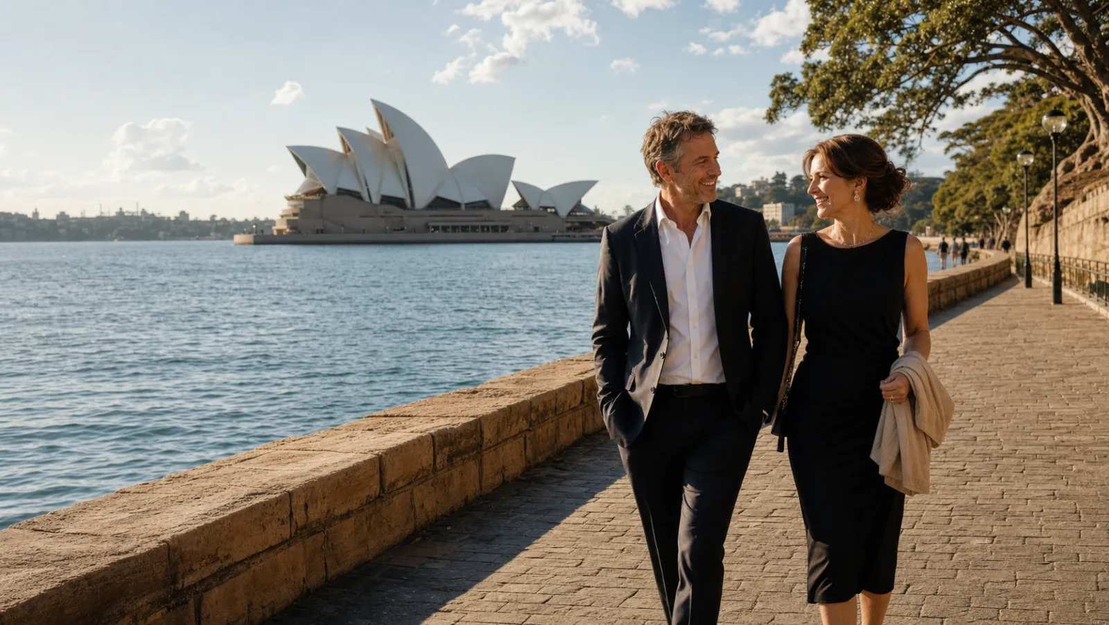 Adult couple walking beside Sydney Harbour with the Opera House behind them
