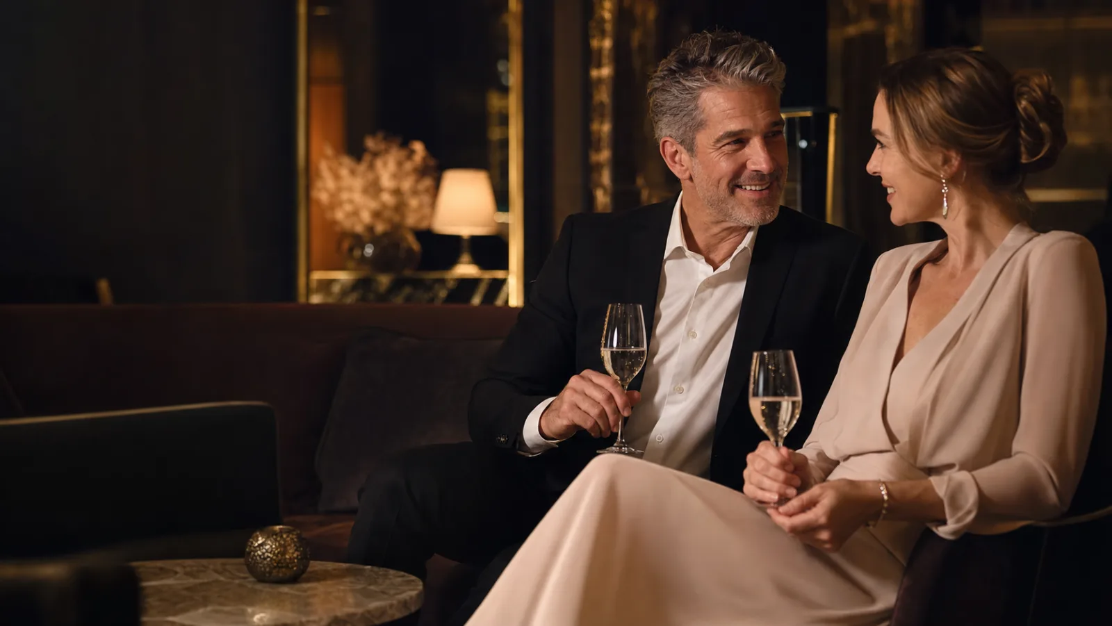 Mature couple having a relaxed conversation in an elegant lounge